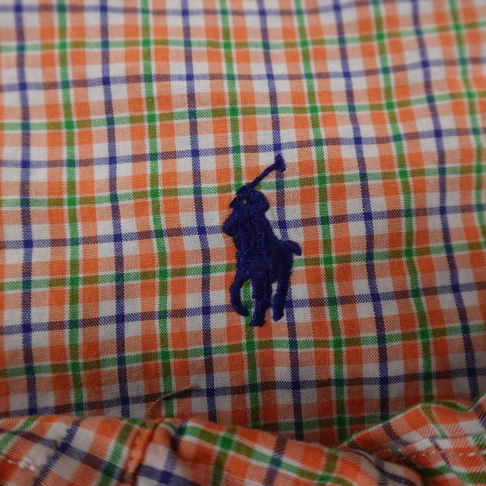 Ralph Lauren Shirt Mens S Orange Green Check Pony Button Up Long Sleeve Preppy‎